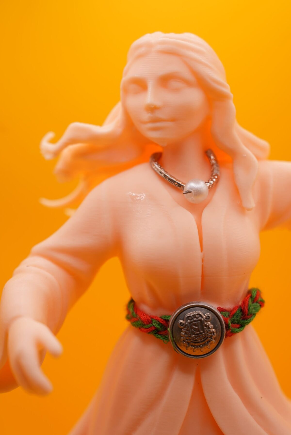 3D-printed PLA statue of the Diva of Moroccan Andalusian music, wearing traditional flowing dress and jewelry, with graceful dancing posture.