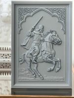 3D-printed Fantasia Horseman Relief Sculpture featuring Moroccan rider on galloping horse framed in Moorish arch with decorative mashrabiya pattern.