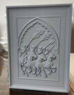 Customizable 3D-printed Fantasia Horsemen Relief Sculpture featuring Moroccan riders in synchronized charge, framed in traditional Moorish arch.