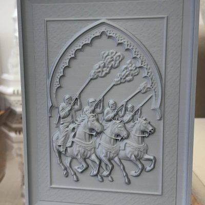 Customizable 3D-printed Fantasia Horsemen Relief Sculpture featuring Moroccan riders in synchronized charge, framed in traditional Moorish arch.